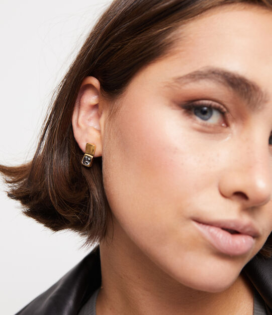 18K gold-plated earrings with rectangular faceted crystal and black crystal